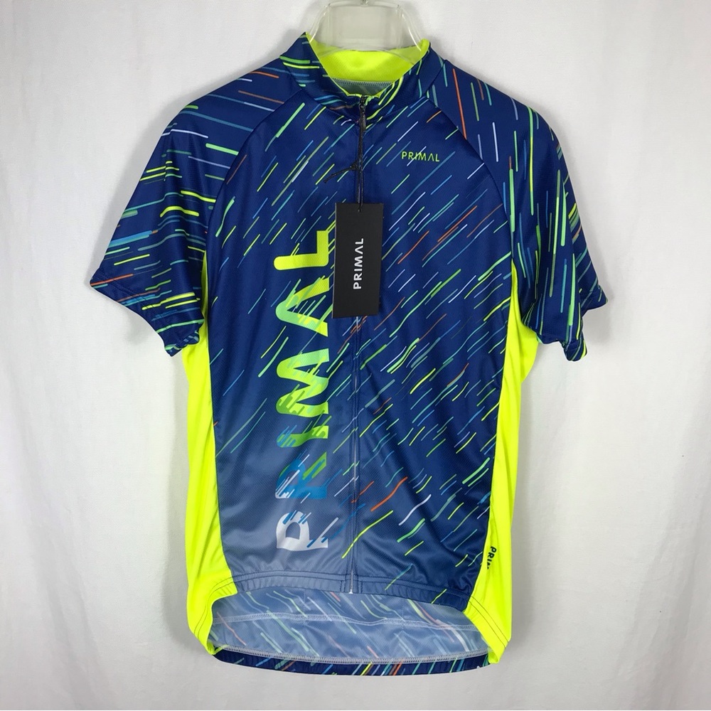 Primal men’s Short sleeve Full Front Zip Blue Cycling Shirt ,Jersey S